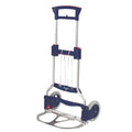 Hand truck with blue handle and wheels on a white background