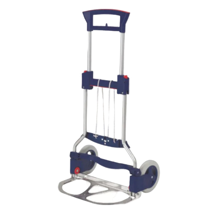 Hand truck with blue handle and wheels on a white background