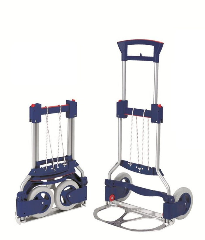 Blue and silver folding hand carts on a white background