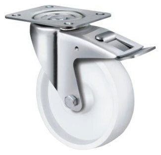 190kg Rated White Nylon Castor - 100mm - Swivel Brake
