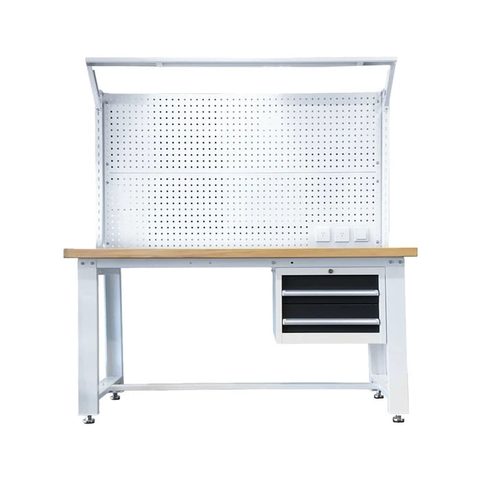 Workbench with a pegboard and wooden top on a white background