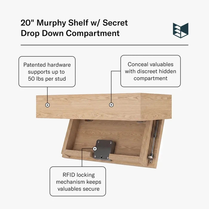 Murphy Door® 20" Murphy Shelf w/ Secret Drop Down Compartment. Natural wood floating shelf, concealed storage with RFID lock.