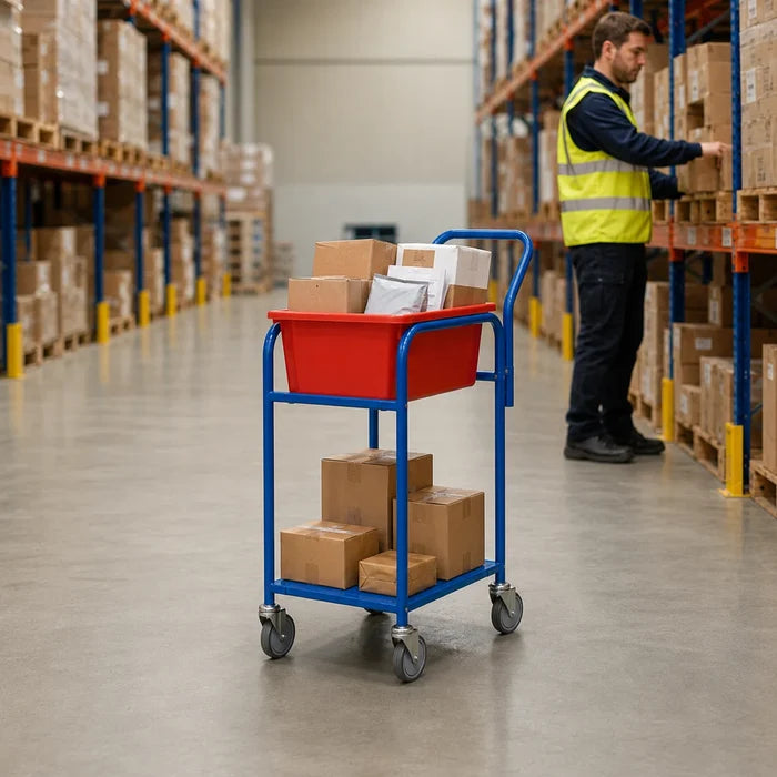 220kg Order Picking Trolley + 52L Red Plastic Crate