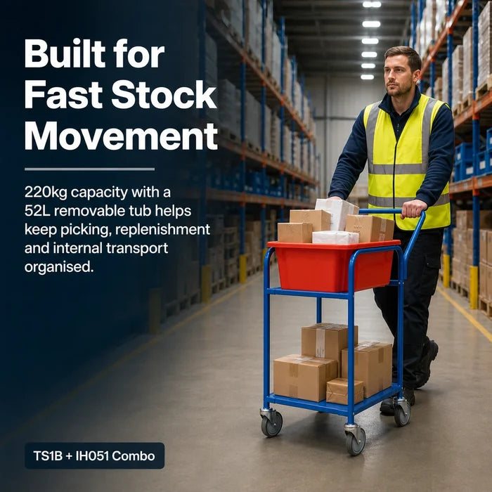 220kg Order Picking Trolley + 52L Red Plastic Crate