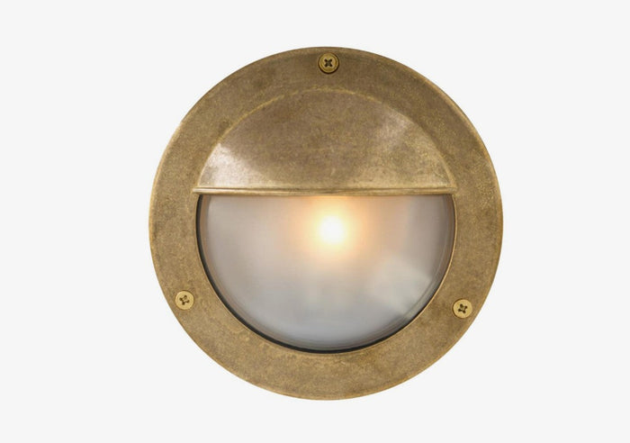 Begawan Round Brass Outdoor Wall Light 14cm with IP64 rating and frosted glass diffuser for garden and porch lighting