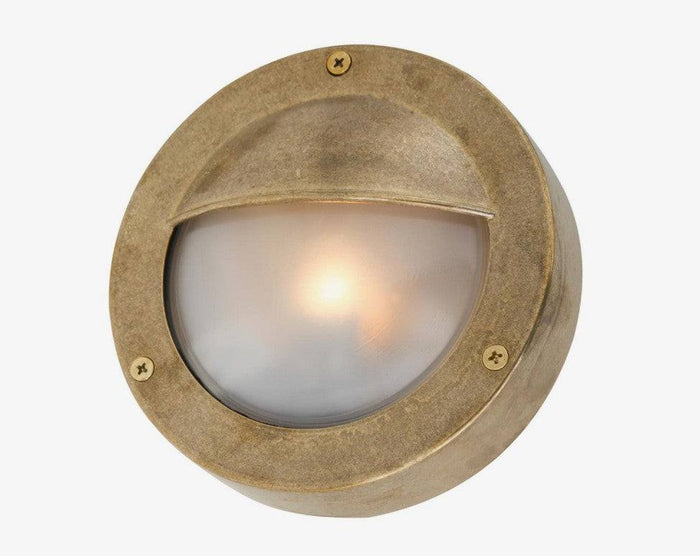 Begawan Round Brass Outdoor Wall Light 14cm with frosted glass and IP64 rating for durable outdoor use