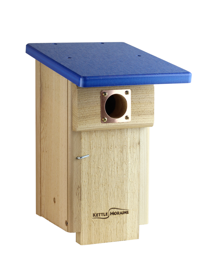 Cedar blue bird house with a copper portal around the entrance hole features a blue recycled plastic roof.