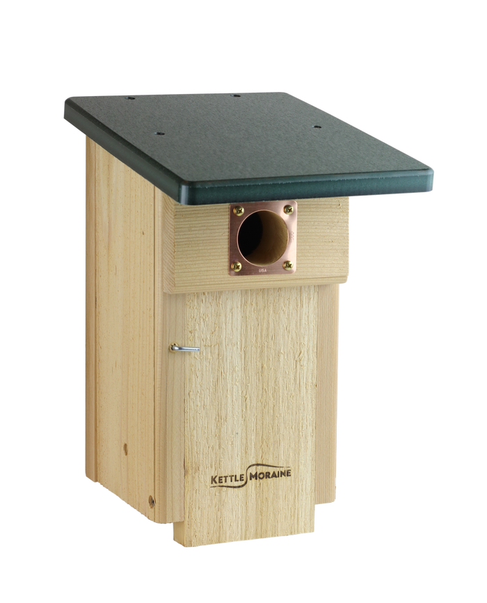 Cedar blue bird house with a copper portal around the entrance hole features a green recycled plastic roof.