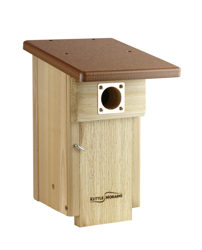 Cedar blue bird house with a copper portal around the entrance hole features a brown recycled plastic roof.
