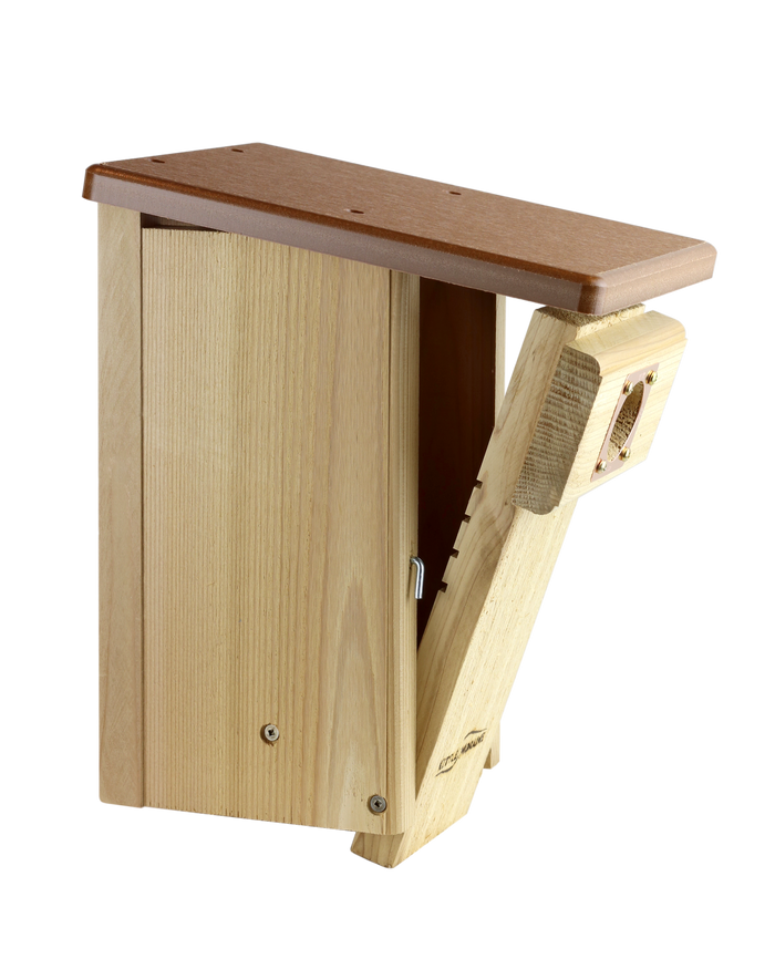 Cedar blue bird house with a brown  recycled plastic roof features a front easy open panel.