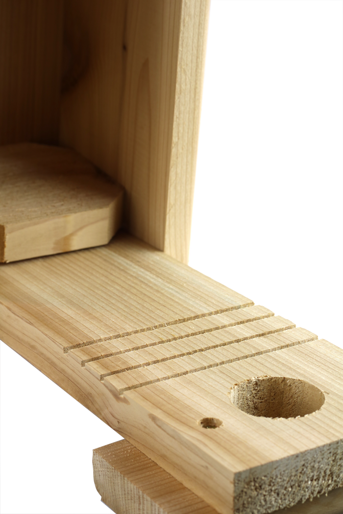 Cedar blue bird house features a fledgling ladder below the exit hole inside.