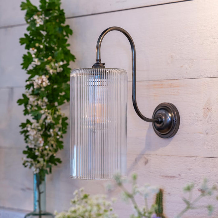 Brook Large Prismatic Glass Shade Wall Light with long swan neck and ribbed glass design in polished brass finish
