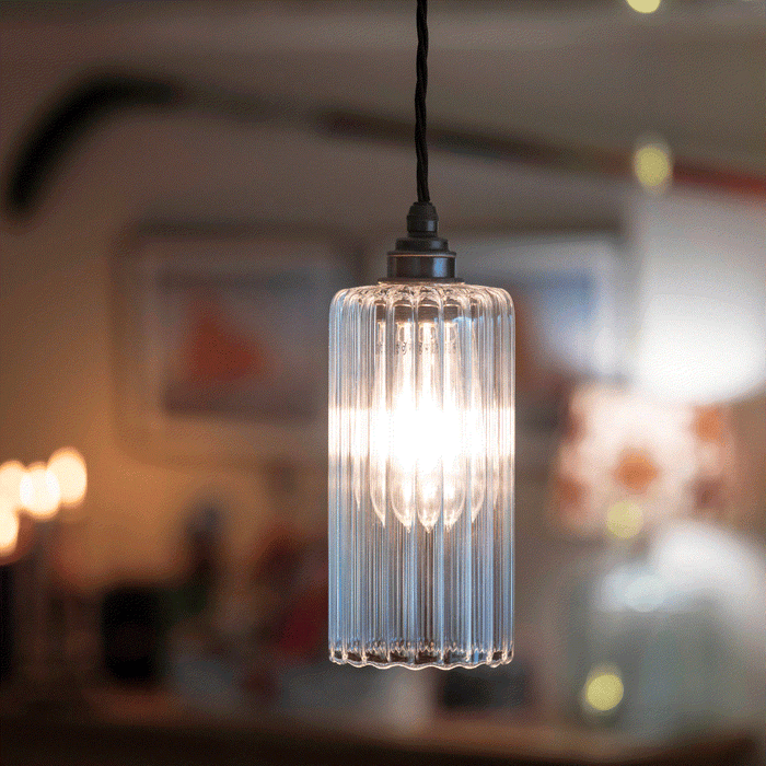 Brook Small Ribbed Glass Pendant Light with clear handblown ribbed glass shade and adjustable flex length