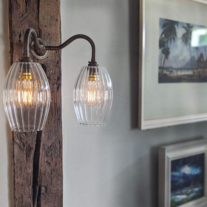 Camber Small Ribbed Glass Shade Wall Light with fluted glass and brass fittings for modern narrow hallway or bedside lighting