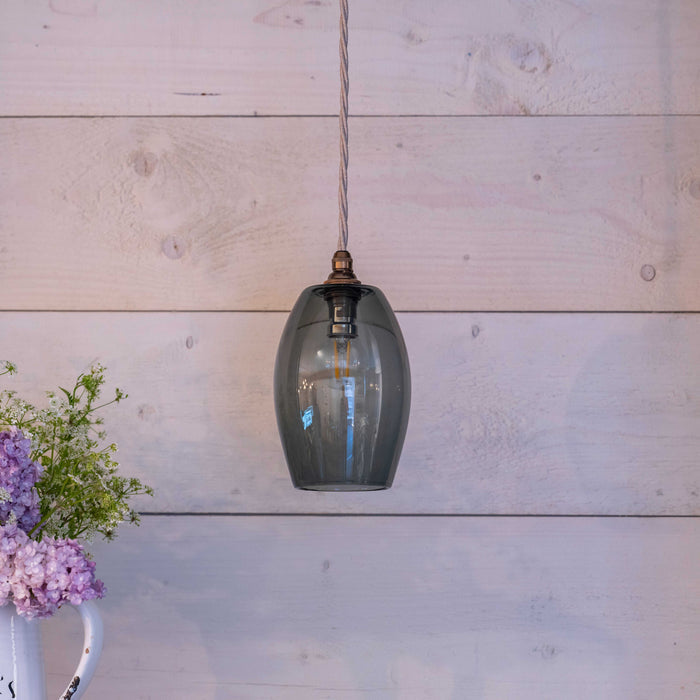 Camber Small Smoked Glass Shade pendant light with adjustable flex, handcrafted smoked glass design