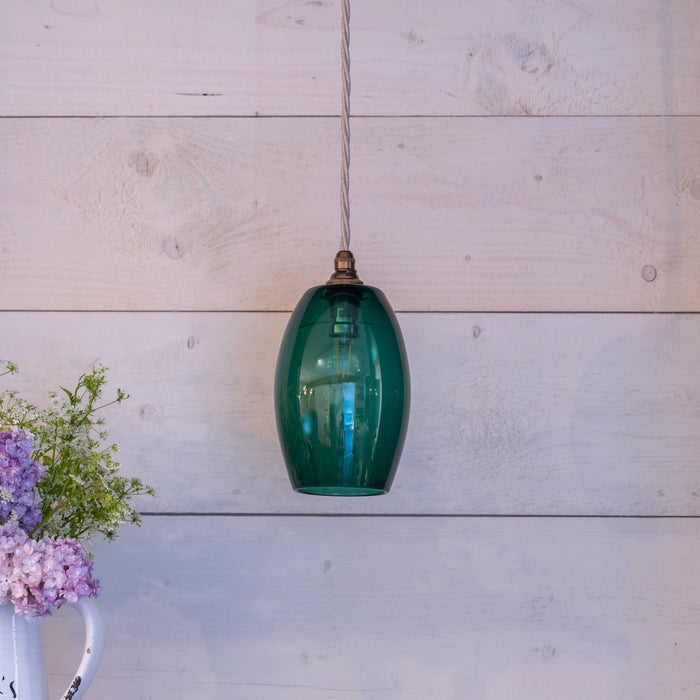 Camber Small Teal Glass pendant light with adjustable flex and hand-blown teal glass shade