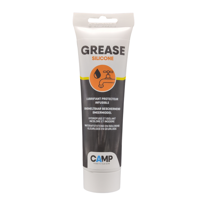 Tube of CAMP silicone grease on a white background