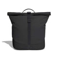 Black Hydro Flask roll-top backpack with central webbing strap and buckle, small loop handle, reinforced lower section, and subtle logo near the base.