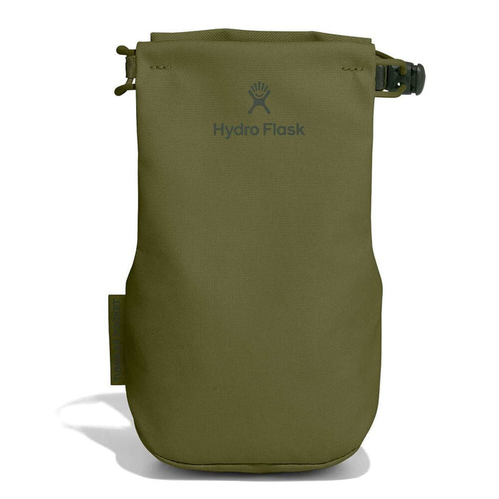 Olive-green Hydro Flask accessory pouch with rectangular shape, rounded bottom, roll-top strap and buckle closure. "Tumbler Pocket" side pocket, and logo on front.