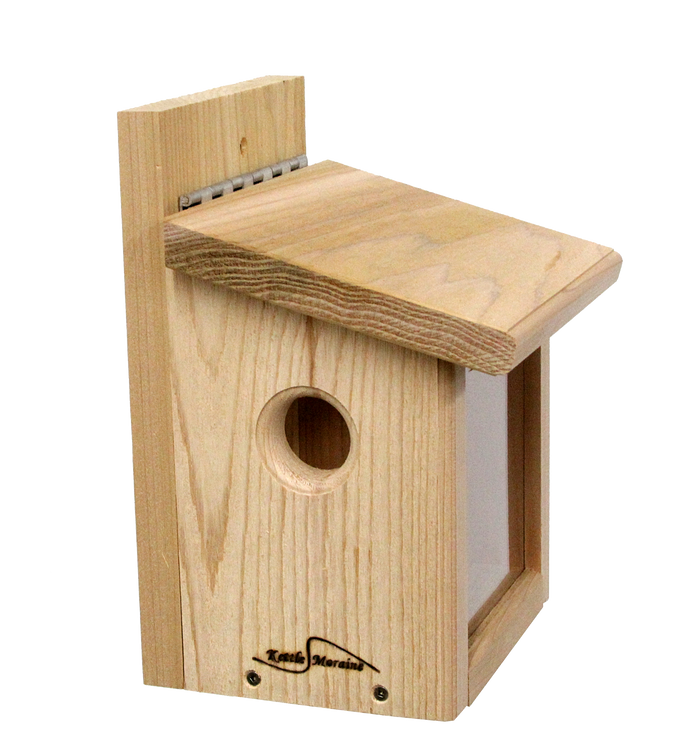 Side view of a cedar bluebird feeder with a front viewing window and side entry holes. Refill with the hinged roof.