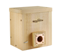 Small cedar roosting box with a copper portal and cedar predator guard around the entrance hole.