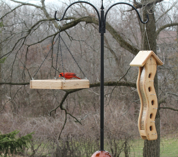 Male cardinal eats in a cedar tray feeder next to large Kettle Moraine wave feeder  bath hanging from a black metal pole.