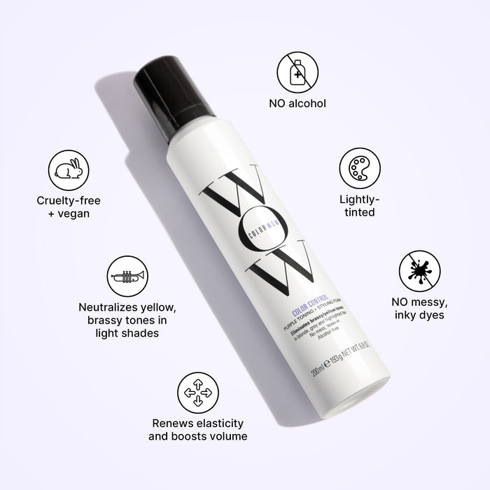 Color Wow's Color Control Toning Foam is alcohol free and vegan. It neutralizes brassy tones in blonde hair while renewing elasticity.Color Control Purple Foam neutralizes yellow, brassy tones in light shades, renews elasticity, and boosts volume. It is cruelty-free + vegan, contains no alcohol, is lightly tinted, and has no messy, inky dyes.