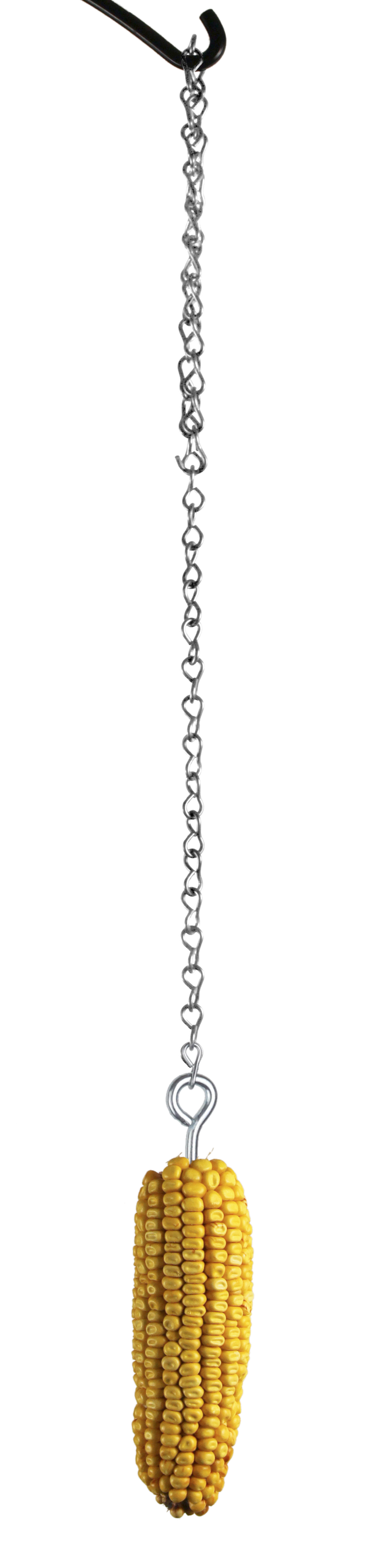 Corn on the cob on the screw attached to a long silver chain. Other end has a slightly open link so it can hook into other links for personalized length.