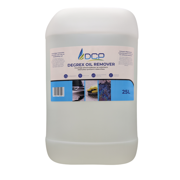 25L container of DCP Degrex Oil Remover on a white background