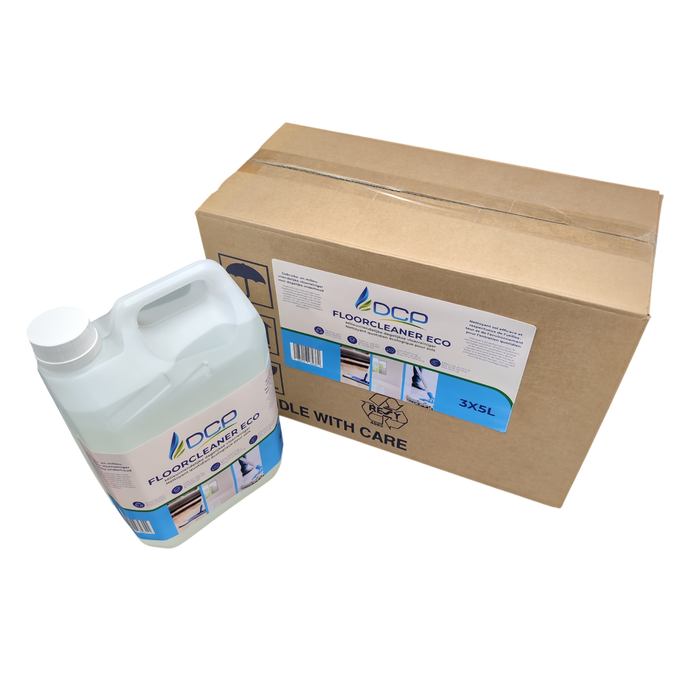 DCP Floor Cleaner Eco next to a cardboard box on a white background