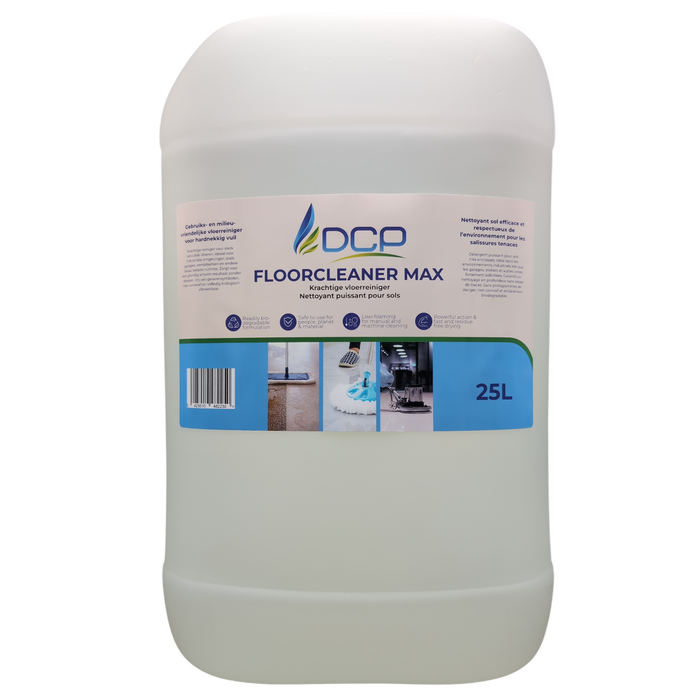 25L container of DCP Floorcleaner Max on a white background
