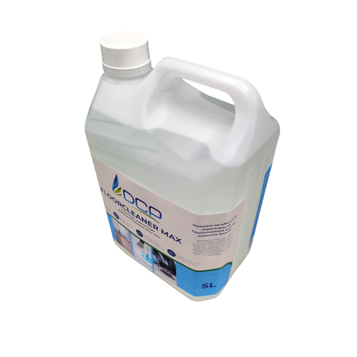 White container of floor cleaner with blue label on a white background