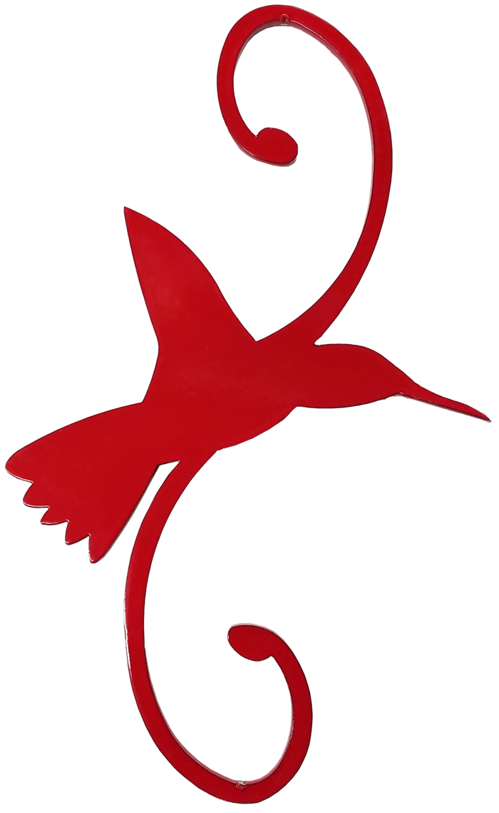 Red powder coated metal hanger with a hook above an below the decorative hummingbird design.