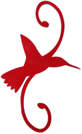 Red powder coated metal hanger with a hook above an below the decorative hummingbird design.