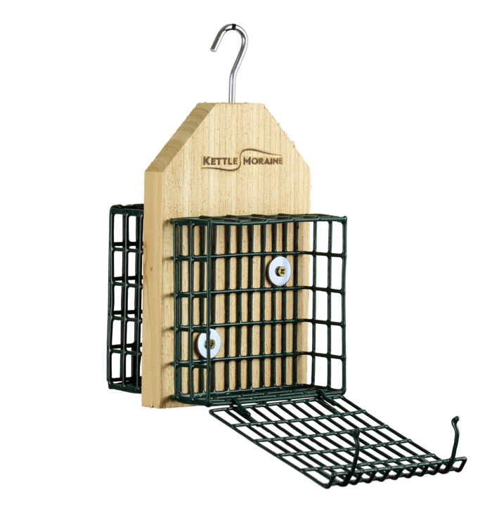 A cedar double suet cage feeder with a large hook, green heavy coated wire, with one cage open. Designed for hanging and suitable for woodpeckers and other birds.