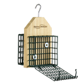 A cedar double suet cage feeder with a large hook, green heavy coated wire, with one cage open. Designed for hanging and suitable for woodpeckers and other birds.