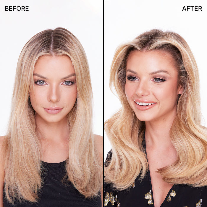 Before & after of a model with brittle, damaged hair and then strong, supple hair.
