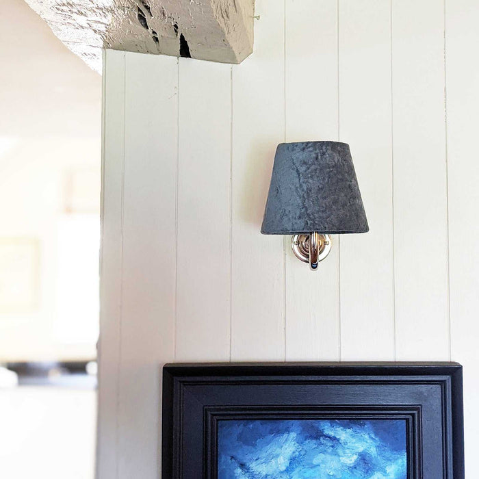 Finberry Blue Velvet fabric shade wall light with swan neck design in antique brass finish