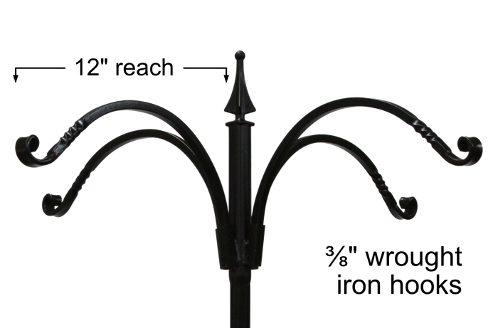 Wrought iron four hook pole topper for hanging planters or bird feeders. Arms with 12 inches of reach and 3/8 inch hooks
