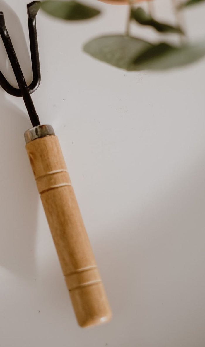 Close view of the hand fork with wood handle
