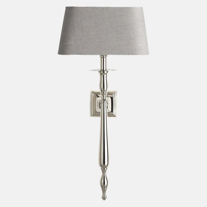 Gisele Wall Light by Lene Bjerre with soft grey shade providing warm, elegant Scandinavian ambient lighting