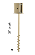 A tan-colored ground socket for a 4x4 post, with an auger shaft, screws included, on a plain background. Gets 21 inches of depth.