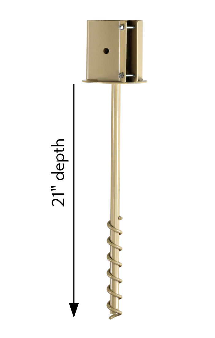 A tan-colored ground socket for a 4x4 post, with an auger shaft, screws included, on a plain background. Gets 21 inches of depth.