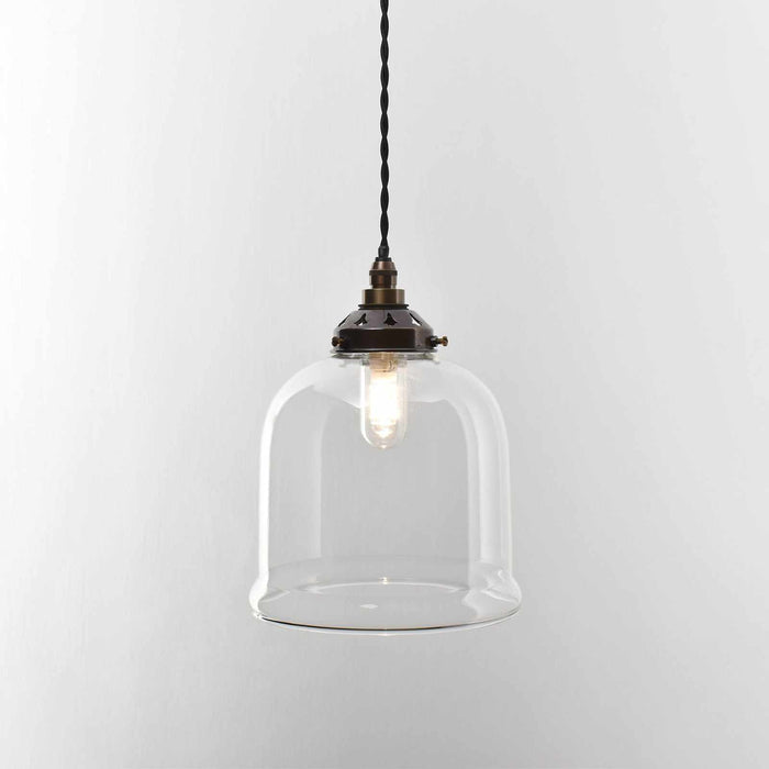 Hythe small clear glass shade pendant light hanging in bathroom with elegant hand-blown design
