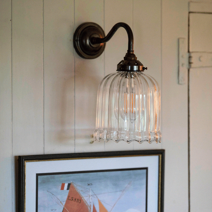 Hythe Small Ribbed Glass Shade Wall Light with clear ribbed glass shade and compact design