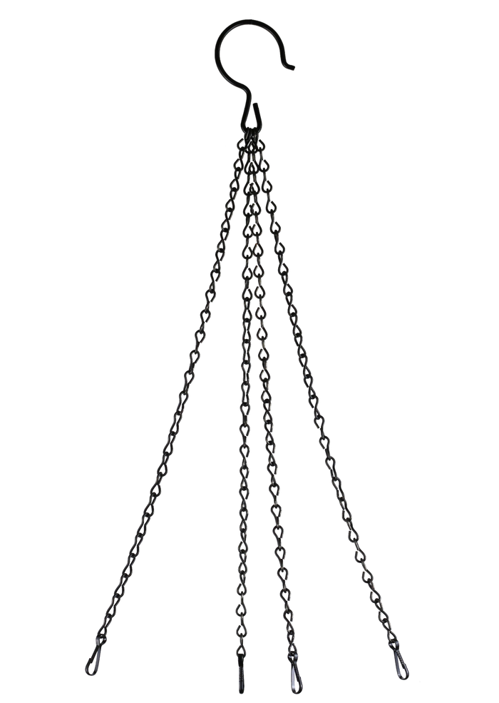 Four long black chains hang from a large black metal hook and have small snap clips on their ends.