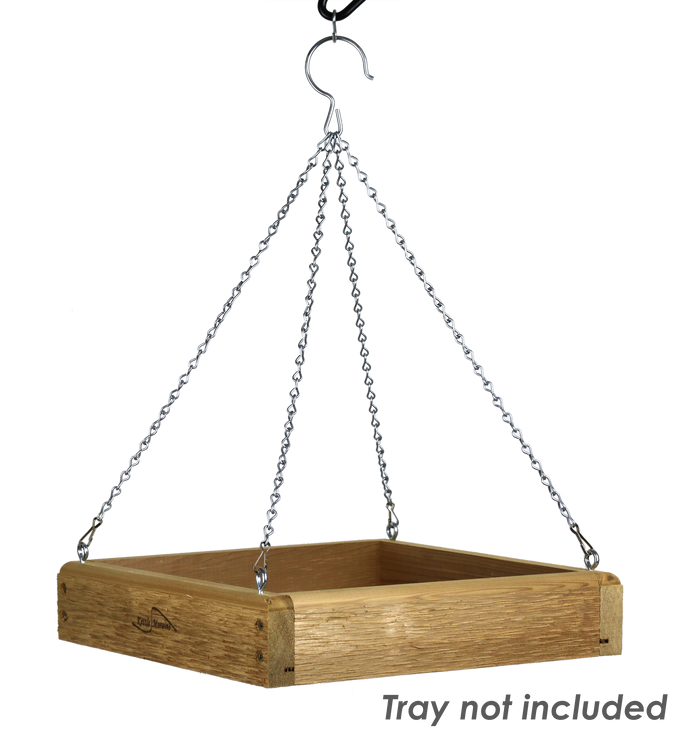 Four long silver chains hang from a large silver hook and the small snap clips on their ends clip to a tray feeder that is not included.