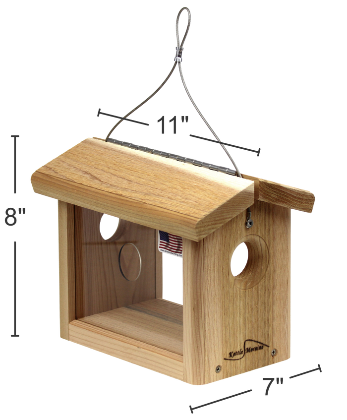 Cedar blue bird feeder with plexiglass sides is 11 inches long, 8 inches tall and 7 inches wide.