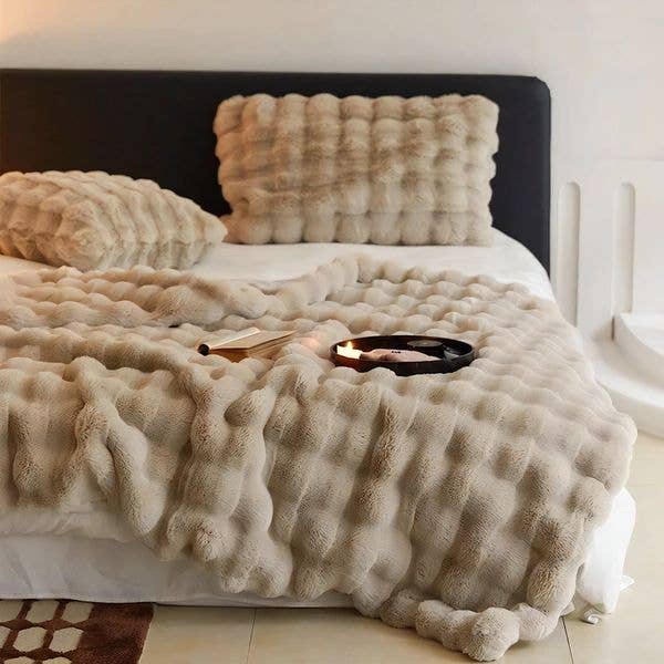 Luxurious Beige Faux Rabbit Fur Throw Blanket – side view