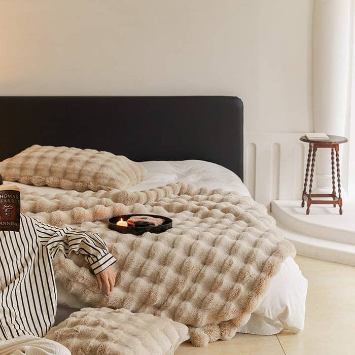 Luxurious Beige Faux Rabbit Fur Throw Blanket – angled view